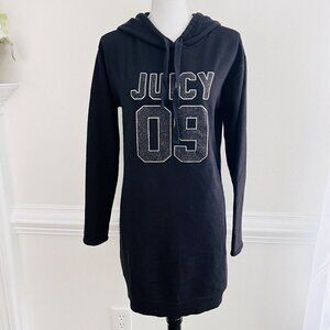 JUICY COUTURE Black & Silver Rhinestone 09 Long Jersey Hooded Dress ~Size Medium